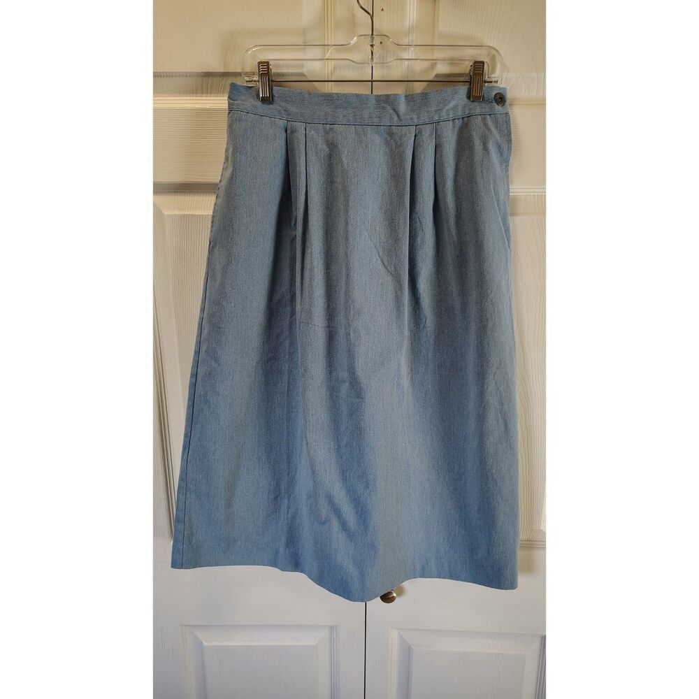 Bonworth Large Light Wash Denim Chambray Pleated Midi A-Line Skirt Pockets L